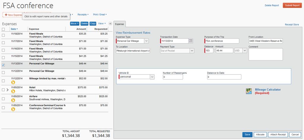 Screen shot of changing date on expense screen 14. Entering other types of expenses Entering other types of expenses is relatively straight forward.