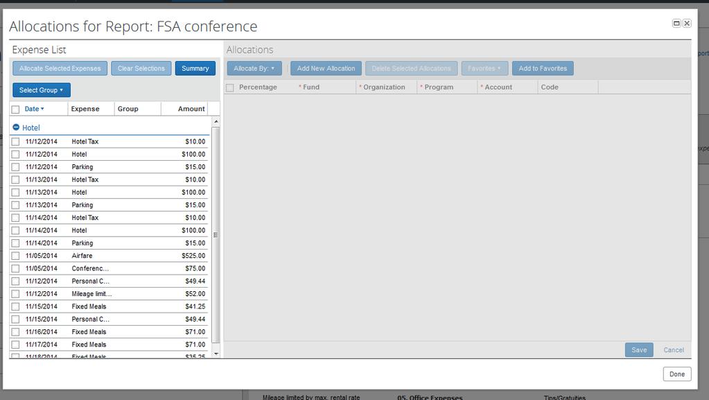 Screen shot of expenses on Allocations screen Click on the Allocate Selected