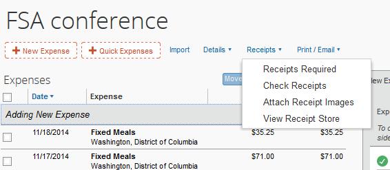 17. Attach Receipts Screen shot of Receipt menu You can add receipts by clicking on the Attach Receipts button on any individual expense.