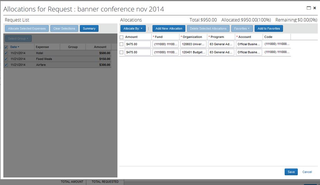Screen shot of Allocations screen Screen shot after Allocations have been added When expenses are allocated, they show