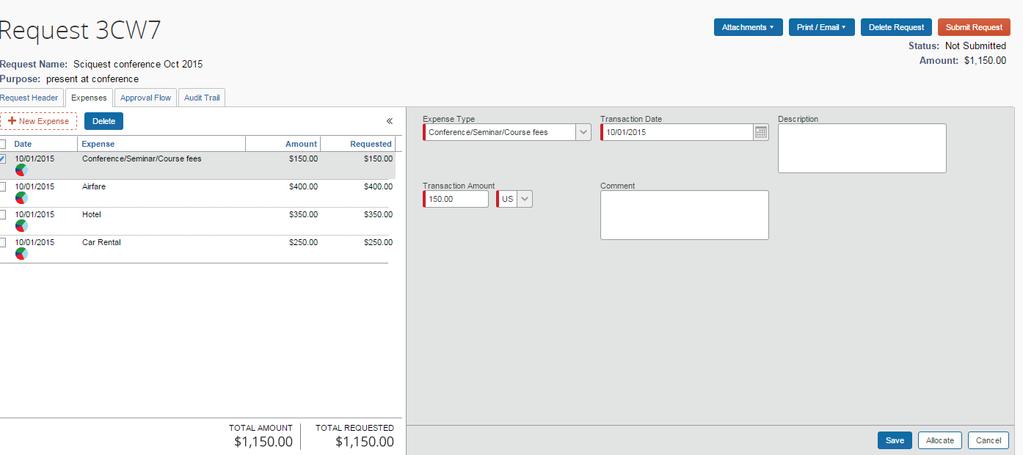 Screen shot of Expenses screen after allocations have been added 5. Submitting the Request for approval Once the Request estimates are entered.