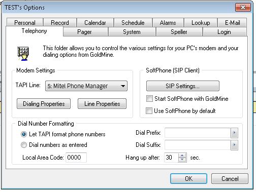 Goldmine Then select the Phone Manager TAPI option from the TAPI Line drop down box in the Modem Settings. Contacts can then be dialled by either right clicking on the Phone description field (i.e. Phone 1, Phone 2 or Phone 3) and selecting Dial or clicking on the button from the toolbar menu this dials the Phone 1.