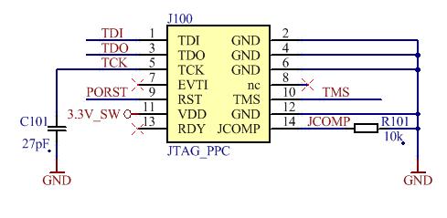 Hardware overview 3.2 Microcontroller section 3.2.1 Programmer/debugger JTAG port A standard 14 pin JTAG port is available for programming and debugging (Figure 5). Figure 5. JTAG connector 3.
