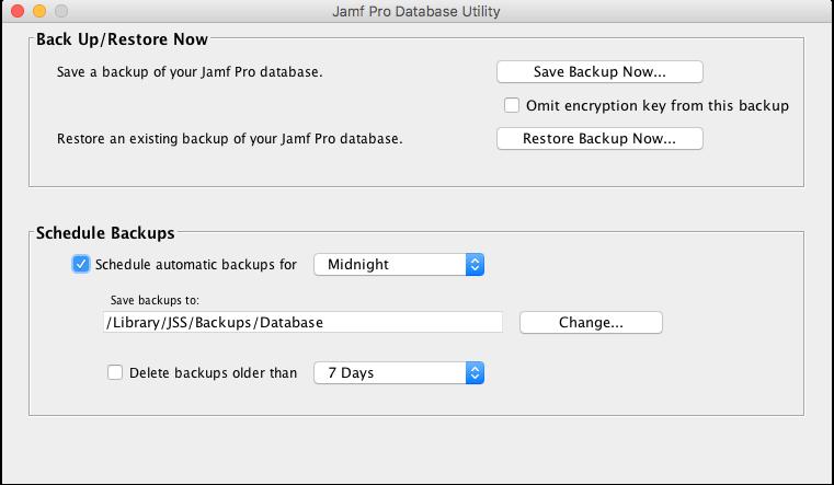 The Jamf Pro database utility stops creating scheduled backups immediately.
