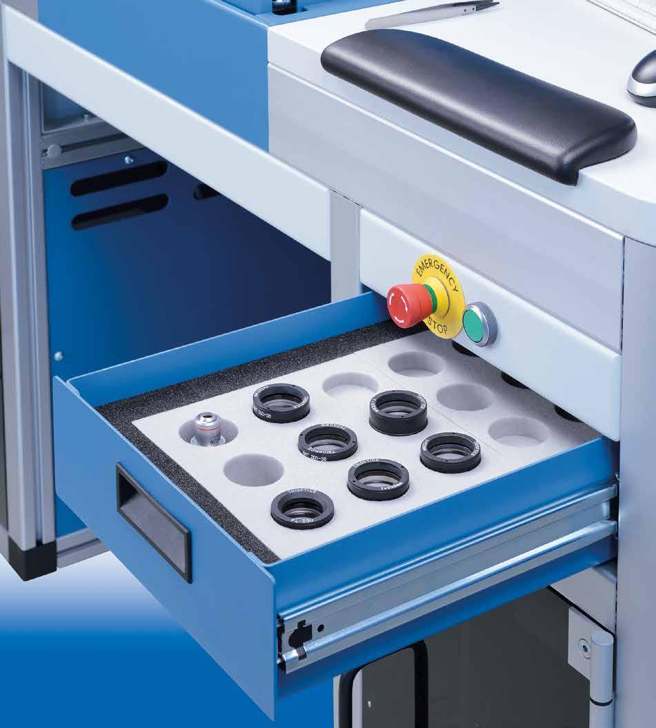 OptiCentric system inset into the table top for ergonomic working in manufacturing Additional and increased storage space for manufacturing components Integration of all components such as