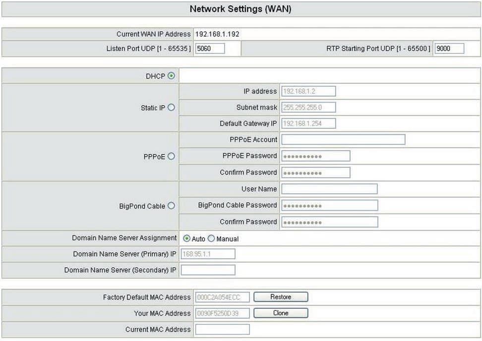 Network Settings The network settings are used to set the gateway s communication ports, IP configurations, DNS and DHCP server etc. Current WAN IP Address: The IP address of the WAN port.