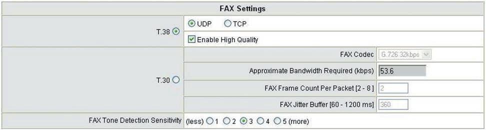 Fax Settings T.38: The T.38 protocol is used for better and faster facsimile transmission. So it is recommended to enable this function to gain better fax quality.