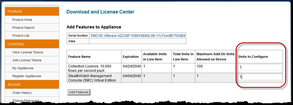 In the middle of the Confirm Appliance page, toward the left, click the Add Features link (refer to the previous illustration).