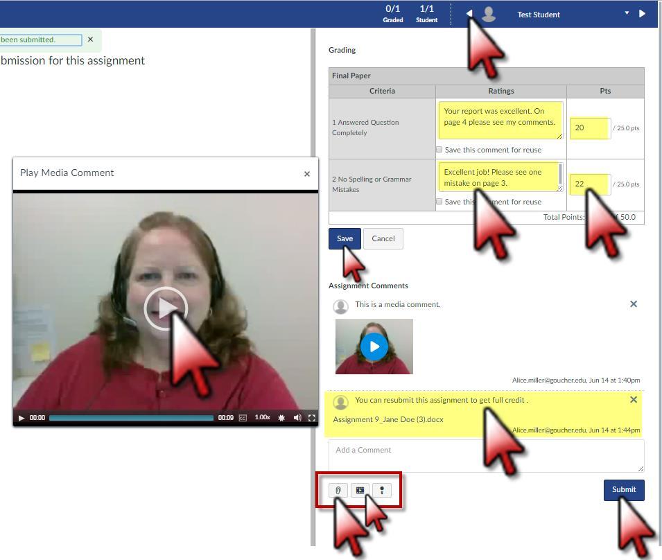 Example of a Graded Assignment using the SpeedGrader with a Rubric, Returning a File to the student, and sending a Video Reply.