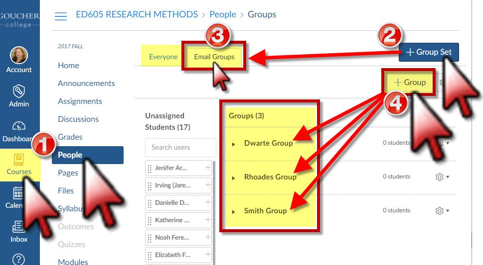 Create Groups: More Details: Create Groups In this example we have 3 instructors sharing one large online course site.