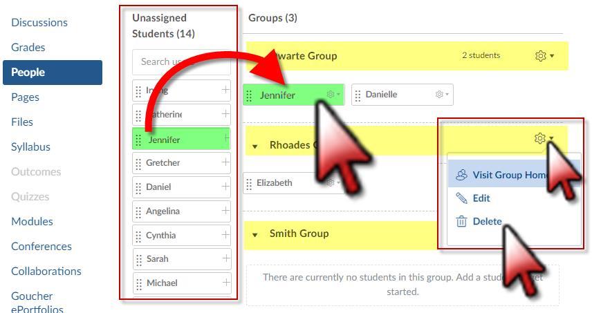 Once groups are created, click and drag students found in the Unassigned Students list into a selected group.