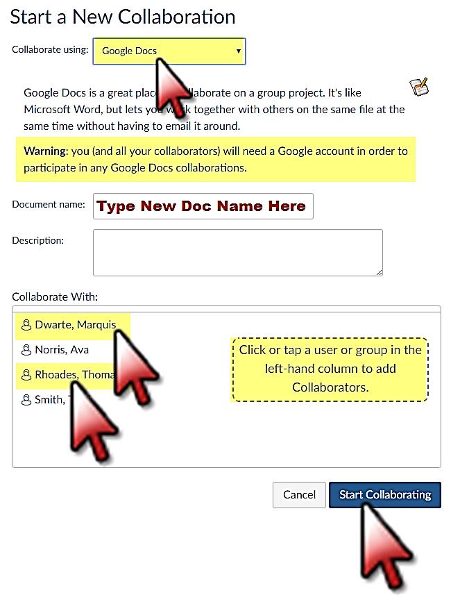 Collaborations Using Google Docs: More info: How to Use Google Docs After clicking the Collaborations link in the side navigation panel, you will see directions for using Google Docs.