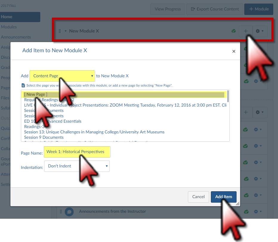 Create a Content Page: Click the Add + sign next to any Module title.