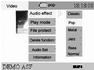 Video playback submenu Play mode: Repeat present, Repeat all, Random Playing, Normal Playing Delete options: Delete all the video files without write-protection in the file folder