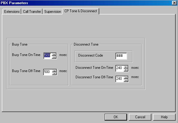 VMS Programming 6.4.1.4. CP Tone & Disconnect Figure 6-28: PBX Parameters Window CP Tone & Disconnect Tab Busy Tone The Busy on-time and the Busy off-time determine the busy tone cadence.