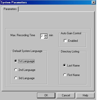 VMS Programming 6.4.2. System Parameters Figure 6-29: System Parameters Window The System Parameters function in the Parameters menu defines a number of essential system related parameters. Max.
