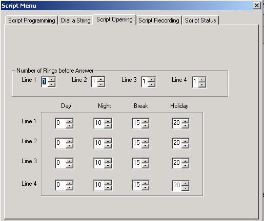 VMS Programming 6.5.1.3. Script Opening Figure 6-34: Script Menu Window Script Opening Tab In this screen the script opening parameters are defined. Line 1 and Line 2 are relevant for VM-48.