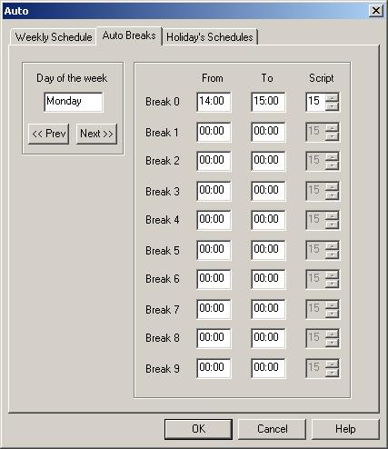VMS Programming Figure 6-40: Auto Window Auto Breaks Tab Weekly Schedule In above example the Weekly Schedule has been programmed as: on Monday from 8:00 to 14:00 the Voice Mail will play script