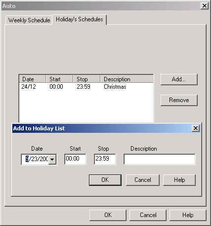 VMS Programming Holiday Schedules Figure 6-41: Auto Window Holiday Schedules Tab Holiday s Schedule This list (up to 50) shows the dates that are defined as holidays.