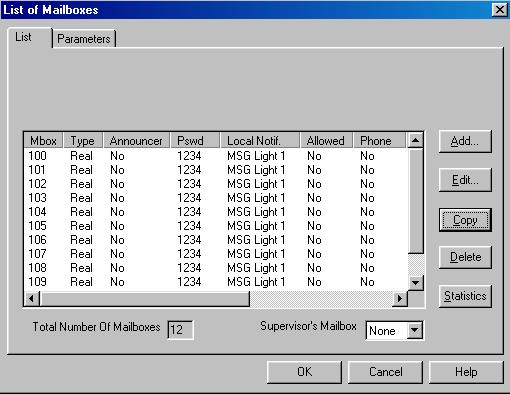 Figure 6-43: List of Mailboxes Window List Tab The above list displays all the mailboxes defined in the Voice Mail and their configuration parameter values.