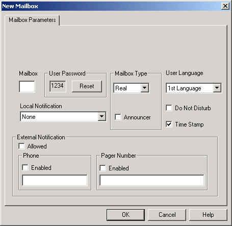 VMS Programming Pressing the Add button (Command: *501) Figure 6-44: New Mailbox Window Mailbox Parameters Tab Mailbox Enter the mailbox number that you want to open.