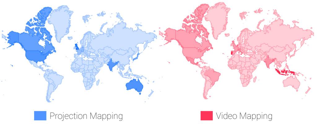 Figure 2.4: Projection mapping is more popular in the USA and video mapping is more popular in Europe and Asia (data from Google Trends 01/18/2014). 2.2.3 Art, Advertising & Entertainment In the past five years, projection mapping has exploded into the consciousness of artists and advertisers everywhere.