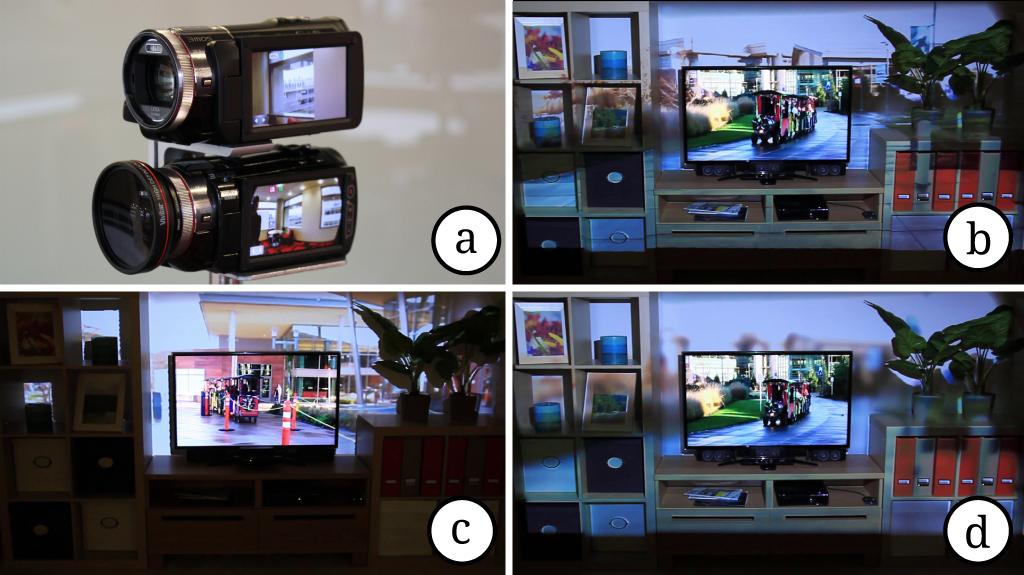 Figure 3.12: IllumiRoom can also be used for panoramic video. (a) A custom dual camera rig for capturing F+C Video (a). The panoramic video content can be displayed as (b) F+C Full, (c) F+C Segmented.