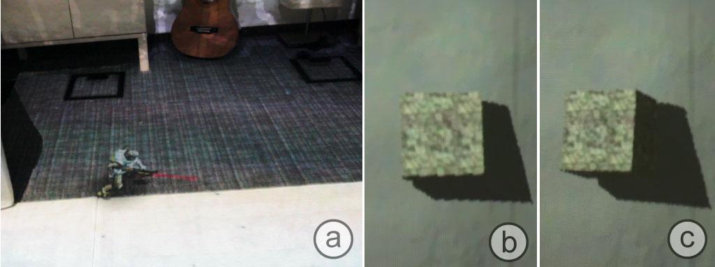 Figure 4.8: (a) Virtual objects that exist off-surface like this game character are rendered in a view dependent manner with radiometric compensation.