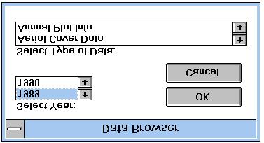 108 USACERL ADP 95/24 Figure 51. Data browser data type dialog box. Select the appropriate year and data type. Then select the <OK> button. The spreadsheet will be updated to show the selected data.
