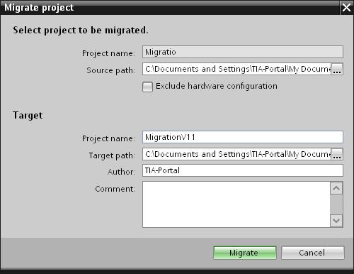 Step : Migration of the engineering data Start migration ŁProject Migrate,.. Portal view Project view Project to be migrated Migrate dialog Source: STEP 7 V5.