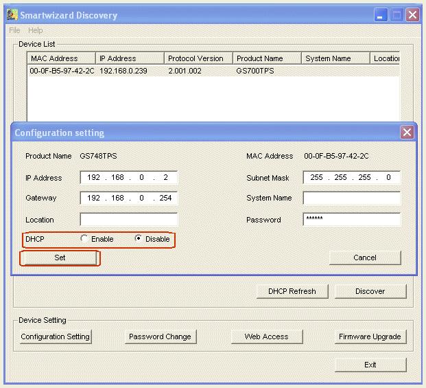 6. Click Configuration Setting. A screen similar to that shown below appears. Figure 1-3 7. Select Disable to disable DHCP. 8. The default IP address is 192.168.0.