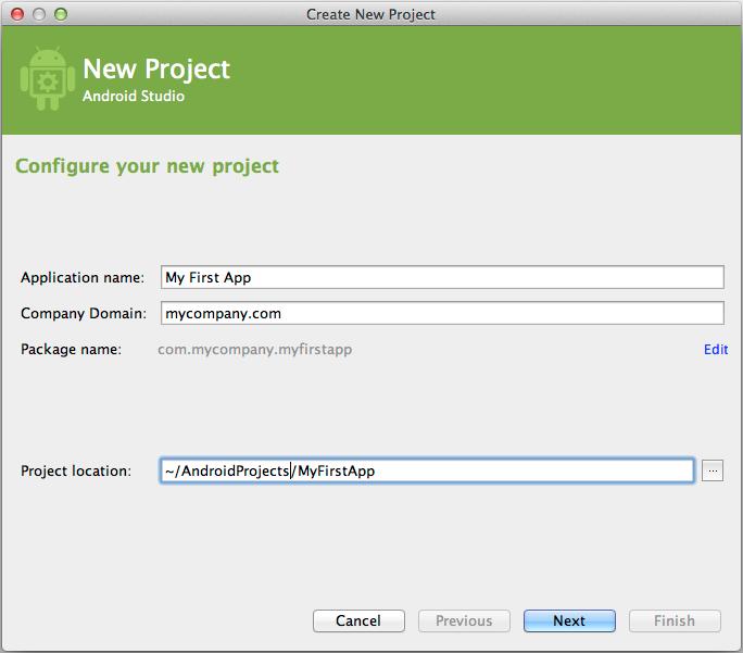 Creating an Android Project 14 In Android Studio, click on File->New Project Fill the fields in the Configure your new project Application name: My First App Company domain: labrador.cse.
