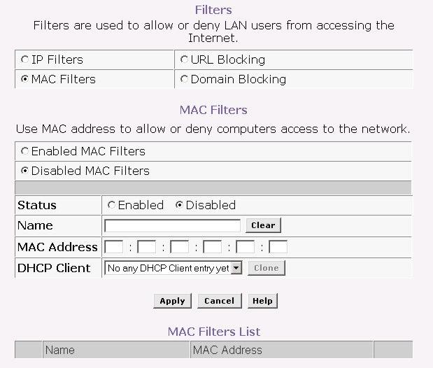 54 Chapter 5 Advanced Configuration / Network Management Figure 22 Filters Configuration Menu MAC Filters Previously entered or default MAC filter rules are listed in the MAC Filters List at the