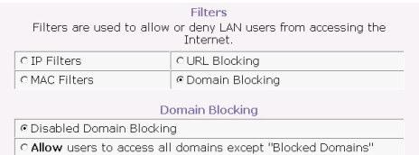 60 Chapter 5 Advanced Configuration / Network Management Figure 24 Filters Configuration Menu Domain Blocking The first page allows you to enter an IP address, or range of IP addresses to form the