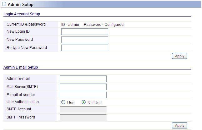 5.7.2 Admin Setup Here you can change the login account name and password, and administrator email information. First please input your old ID and password, then input your expected new ones.