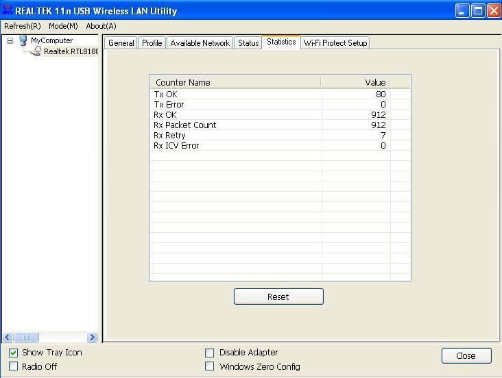 3.2.3 View Network Statistics To view the statistical data of wireless network card, click Statistics menu, and the statistics of wireless connection