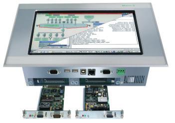 CANopen, Ethernet 10/100Mbit, USB Device, USB Host, RS232 dirctly on board offer maximum flexibility - whether as HMI, HMI-PLC, as a panel with gateway functionality, or connected to the supervisory