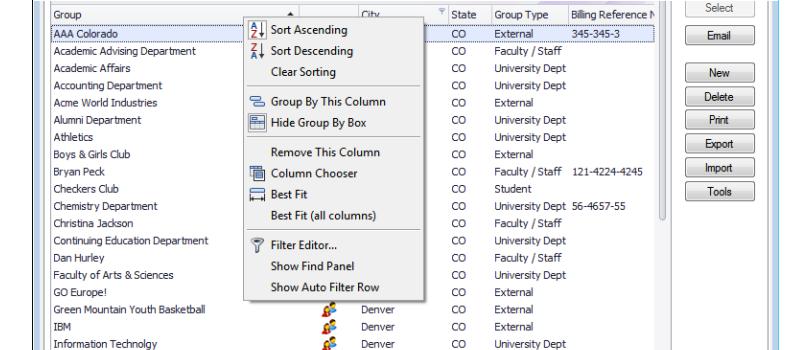 When a window offers the option shown below, you can click and drag a column header to group data by that column.