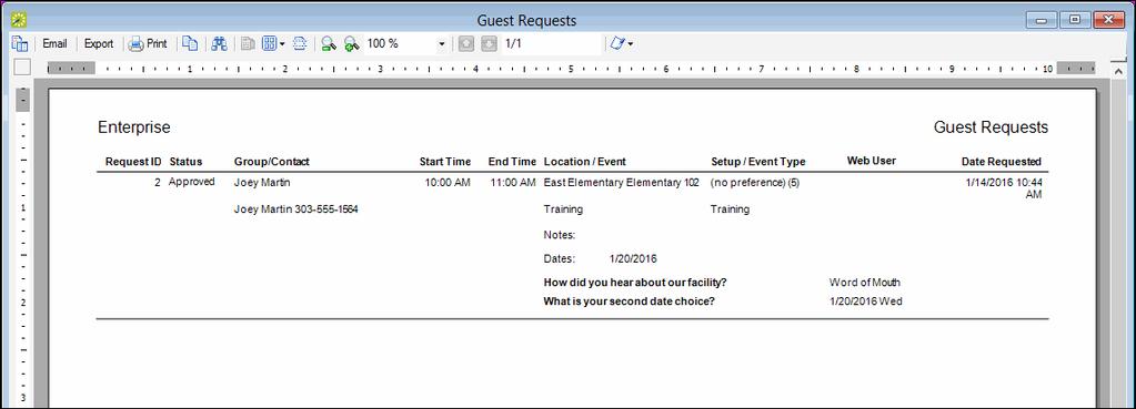Deleting a Request 1. Select the guest request, or CTRL-click to select the multiple requests, and then click Delete. 2. Click Yes. The message closes. The selected guest requests are deleted.