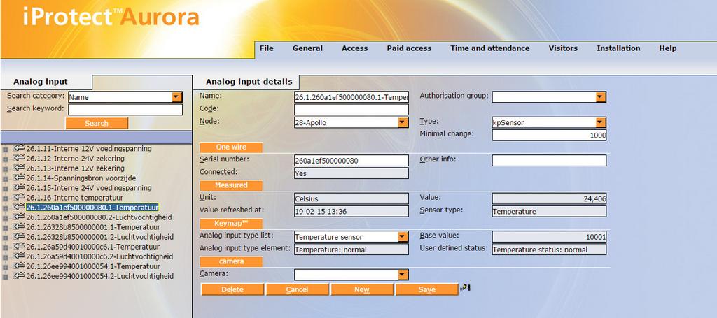Important fields in the settings screen are: Type: This is the choice between kpsensor and Analog input Minimal Change: the minimal change in analogue value that has to occur before this changed