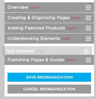 Make sure to click SAVE REORGANIZATION when you have the pages in the correct order. When it comes to our Text Element, we really want to group it with under the Understanding Elements page.