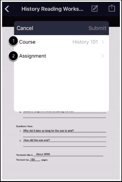 Select Assignment Details Tap the Course link [1] and select the course from the list.