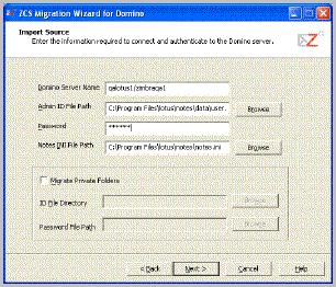 Zimbra Collaboration Suite 6. The Import Source dialog is displayed.