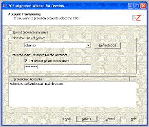 Migrating from IBM Lotus Domino to Zimbra Collaboration Suite 10.The Account Provisioning dialog is displayed.