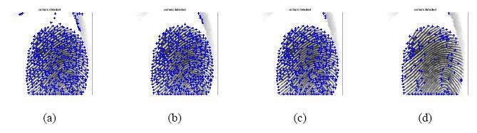 A fingerprint with Harris corner point strength of (a) 100, (b)500, (c) 1000, (d)1500