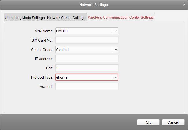 2. Click the Network Center Settings tab. 3. Select the center group in the dropdown list. 4. Input IP address and port No.. 5. Select the protocol type as Ehome. The default port No.