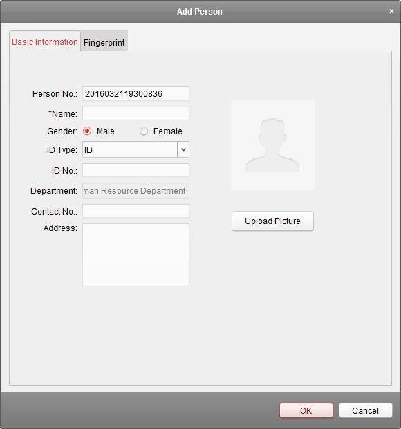 3. The Person No. will be generated automatically and is not editable. 4. Input the basic information including person name, gender, ID type, ID No., contact No., and address. 5.