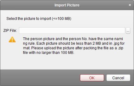 Importing Person Picture After adding the person information to the client, you can also import person picture to the client in batch. 1. Click Import Picture button. 2.