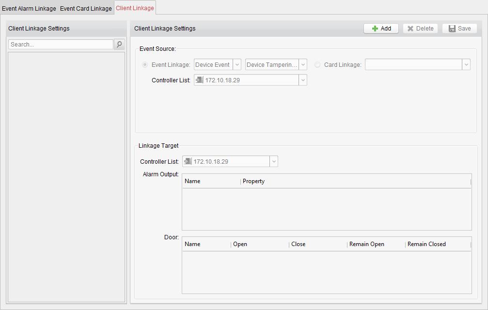 Click button to add a new client linkage. You can select the event source as Event Linkage or Card Linkage.