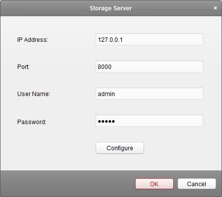 2. Input the storage server parameters including IP address, port No., user name, and password. 3.